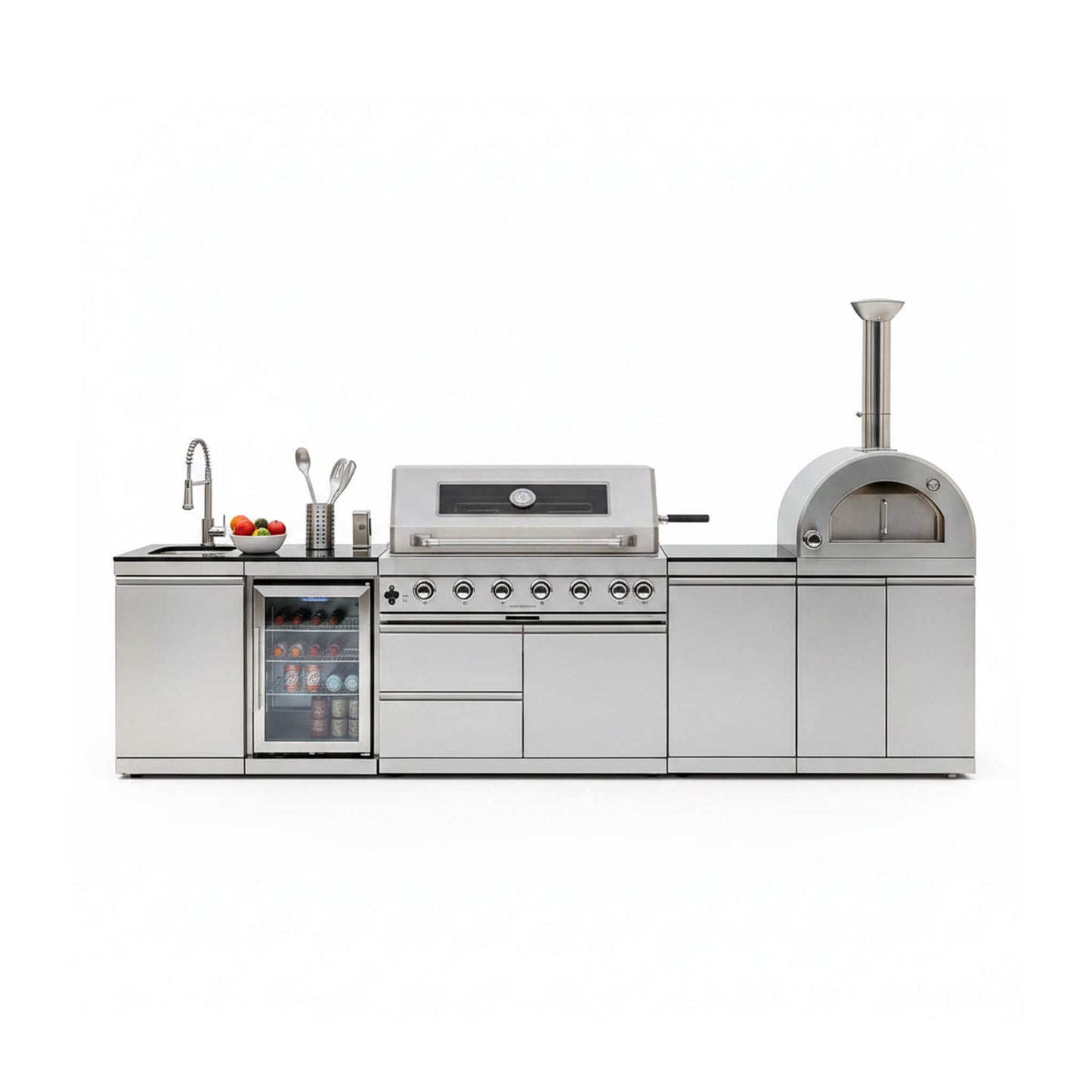 Blazon 128-Inch 6-Burner 120K BTU Outdoor Kitchen Island With Pizza Oven, Rotisserie & Refrigerator (SAK75770)