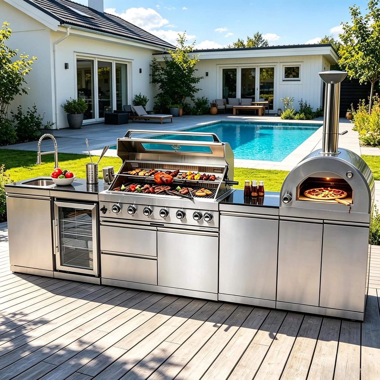 Blazon 128-Inch 6-Burner 120K BTU Outdoor Kitchen Island With Pizza Oven, Rotisserie & Refrigerator (SAK75770)