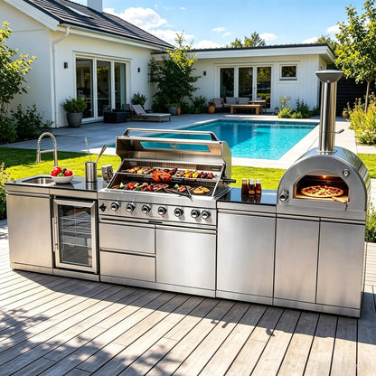 Blazon 128-Inch 6-Burner 120K BTU Outdoor Kitchen Island With Pizza Oven, Rotisserie & Refrigerator (SAK75770)