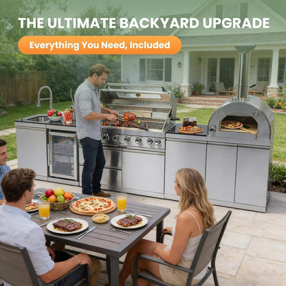 Blazon 128-Inch 6-Burner 120K BTU Outdoor Kitchen Island With Pizza Oven, Rotisserie & Refrigerator (SAK75770)