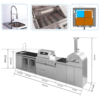 Blazon 150-Inch 4-Burner 108K BTU Outdoor Kitchen Island With Pizza Oven, Rotisserie & Refrigerator (SAK36412)