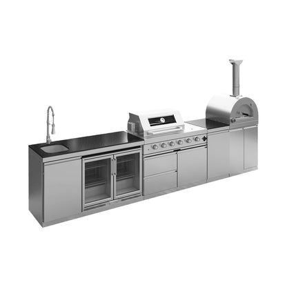 Blazon 150-Inch 4-Burner 108K BTU Outdoor Kitchen Island With Pizza Oven, Rotisserie & Refrigerator (SAK36412)
