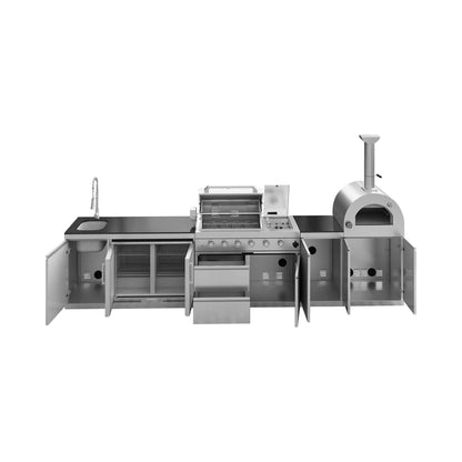 Blazon 150-Inch 4-Burner 108K BTU Outdoor Kitchen Island With Pizza Oven, Rotisserie & Refrigerator (SAK36412)
