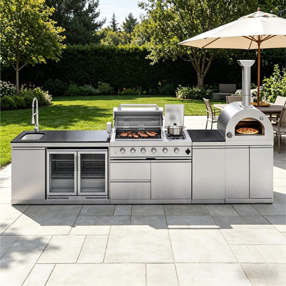 Blazon 150-Inch 4-Burner 108K BTU Outdoor Kitchen Island With Pizza Oven, Rotisserie & Refrigerator (SAK36412)