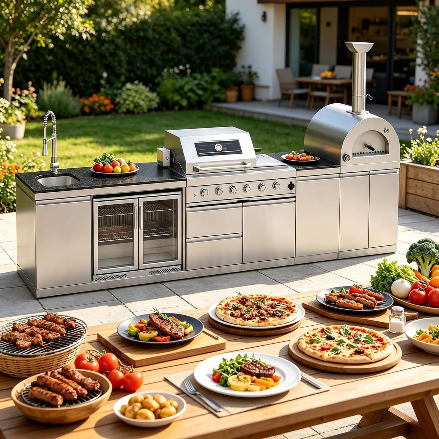Blazon 150-Inch 4-Burner 108K BTU Outdoor Kitchen Island With Pizza Oven, Rotisserie & Refrigerator (SAK36412)