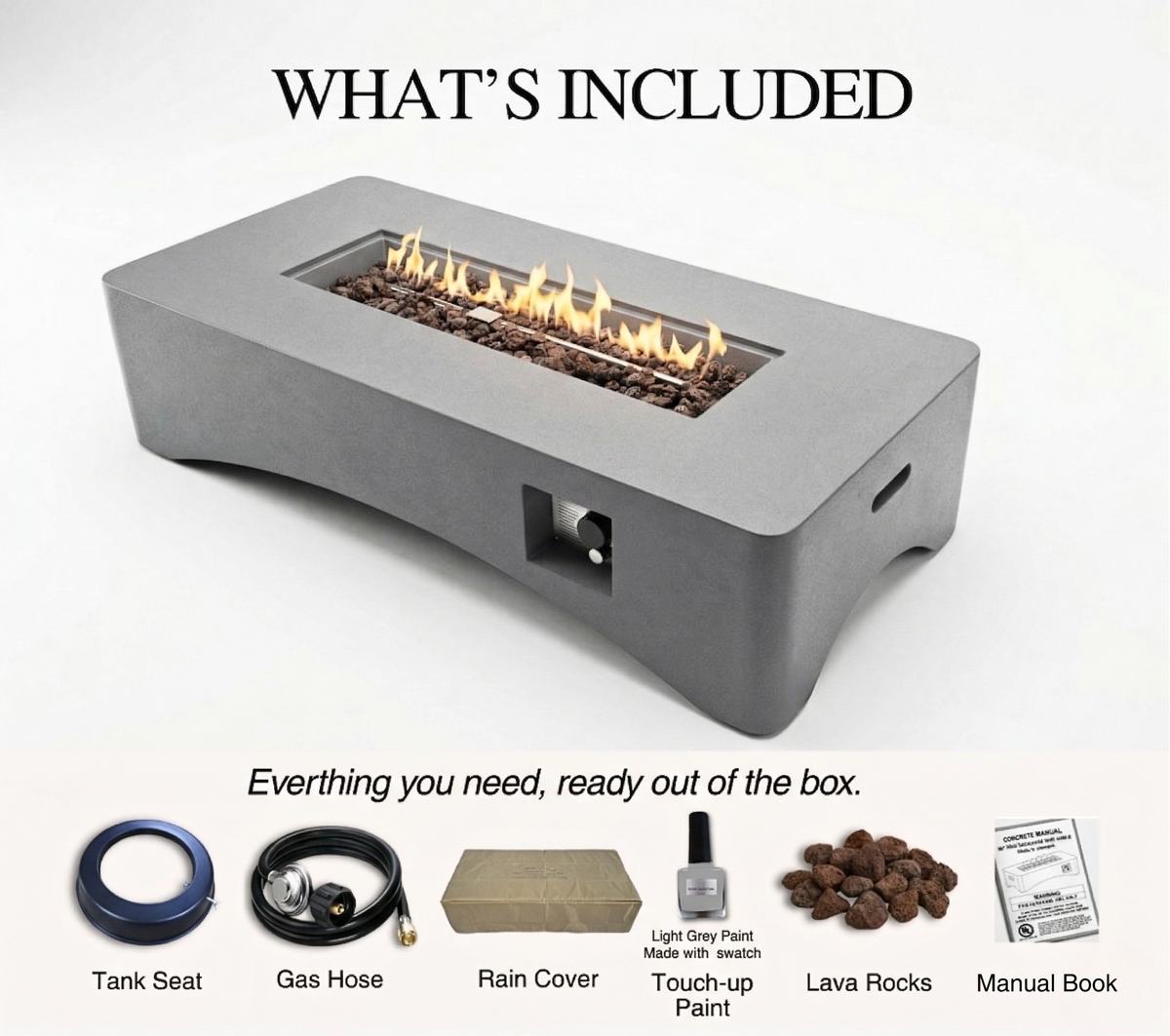 56' Propane Fire Pit Table - Rectangular Outdoor Gas Fire Pit