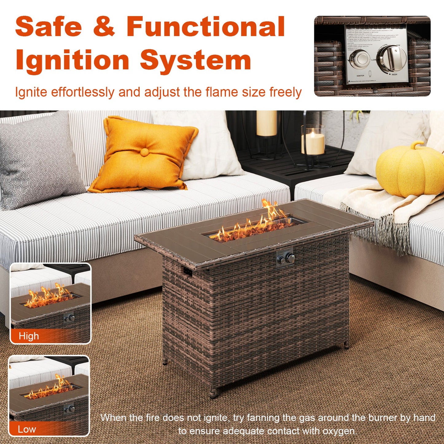 44.5 Inch Propane Fire Pit Table Rattan Gas 2-in-1 with Stainless Steel Burner
